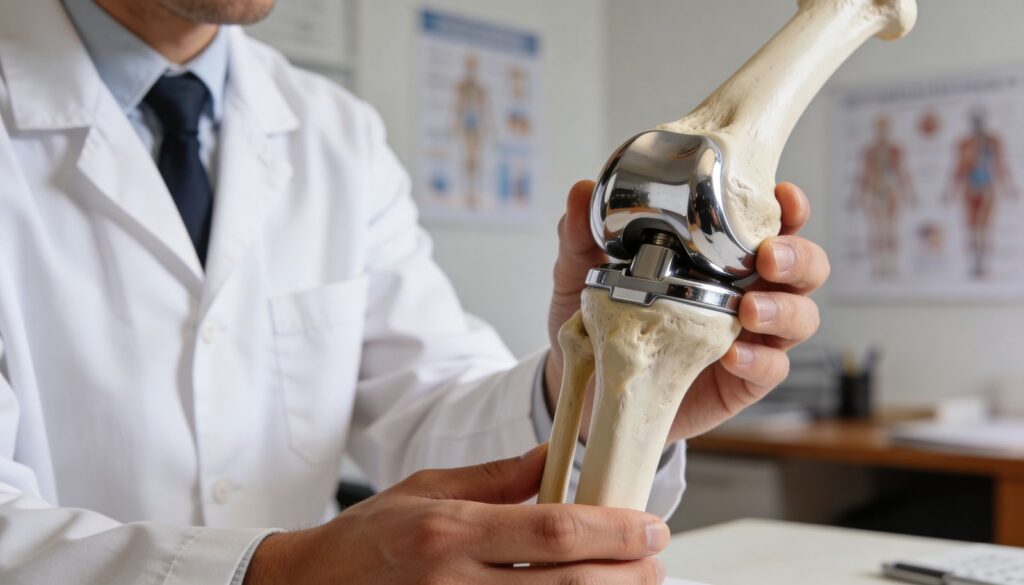 Orthopedic surgeon holding a knee replacement implant model to explain total knee replacement surgery