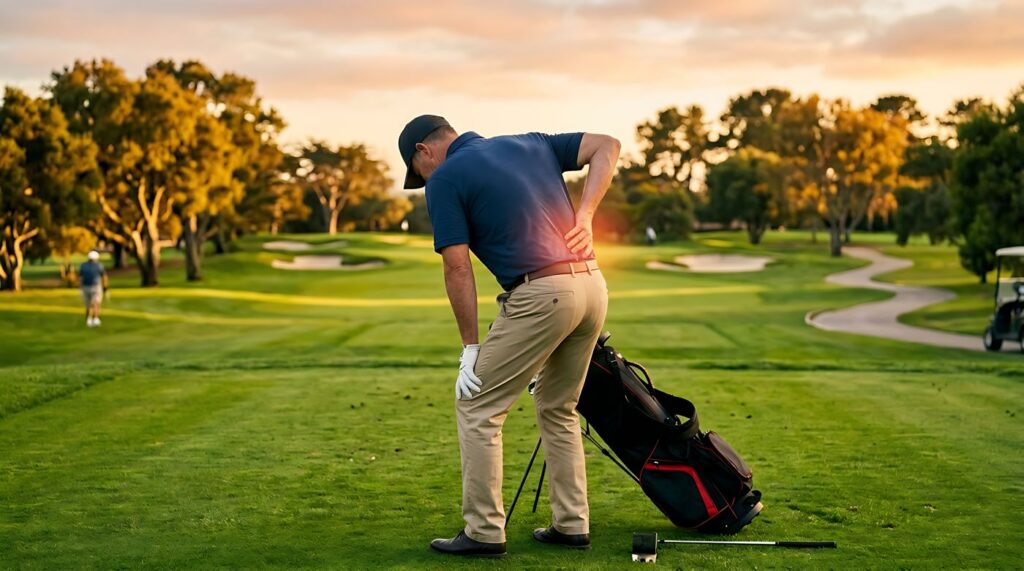 Golfer holding his lower back on the course