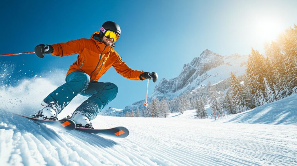 Skier carving down a sunny mountain slope
