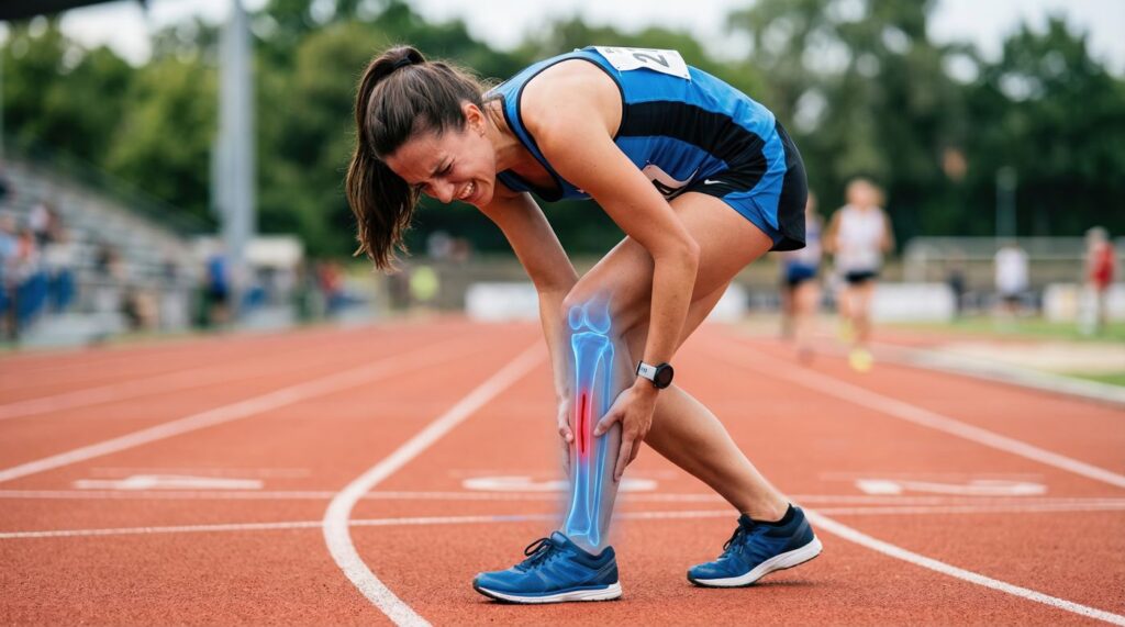 Runner holding her lower leg after a sports injury on the track